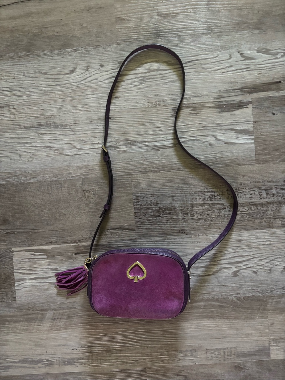 kate spade plum suede crossbody with gold spade detail